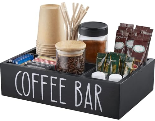 ALELION Coffee Station Organizer - Wood Countertop Accessories Organizer with Removable Dividers for Pods Condiment Syrup Tea Cups Stirrers - for Farmhouse Coffee Bar Decor