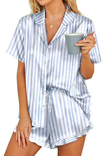 Hotouch Satinpyjamas dam kort pyjamas 2 delar set sommar vardagskläder sovkläder hemmadräkt volanger toppar och korta byxor underkläder nattkläder sexig negligé S–XXL, D_Stripe, L