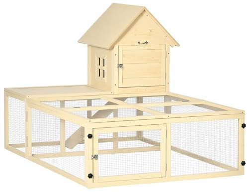PawHut - Conejera de madera recinto para animales Villa para conejo de 2 niveles con zona de carreras de rampa y puertas plegables (151,5 x 106 x 97 cm)
