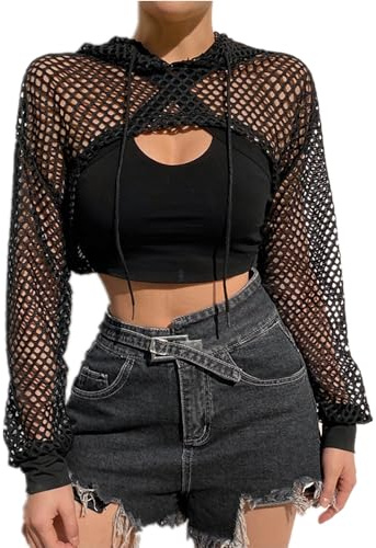 Femme Haut Court Crop Top Réseau T-Shirt Lingerie Crochet Filet à Mailles Blouse Sexy Corset Transparents Maillot de Bain Robes de Plage Mesh Tops Gilet Vest de Sport Soirée Club Punk Rock