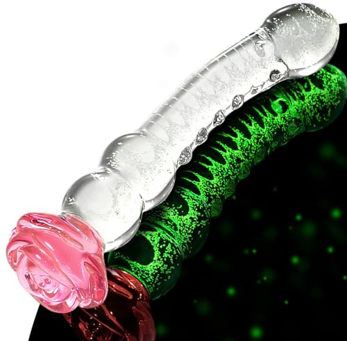 Glass Dildo Rose Adult Tool for Women – Anal Dildo Glow in The Dark Borosilicate Glass Toy for Temperature Play with Anal Beads & Textured Design, 8 Inch Butt Plug for Women (Clear Glow)