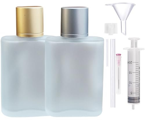 XUSSMM 2 Stücke Parfümzerstäuber, Parfum Flakon leer Parfümflasche Mattiert Zerstäuber Parfüm Glas mit Parfum Zerstäuber、Trichte undGold- und Silberkappen für Datum, Party, Arbeit (100ml, Gold + Grau)