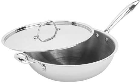 Royalford Triply Stainless-Steel Wok Pan with Lid – Deep Stir Fry Pan with Induction Base – Long Handle Frying Pan Kadai Cooking Pan for Shallow & Deep Frying, Induction Bottom, 28cm