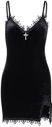 YINGWIN Gothic Spaghetti Strap Mini Dress Vintage Velvet Sexy Elastic Bodycon Dress Party Club Rave Outfit