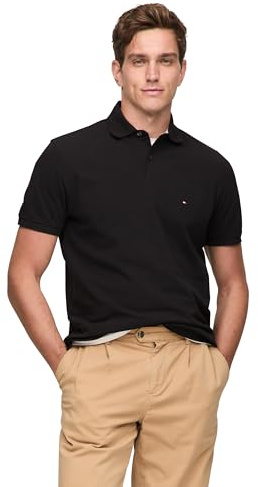 Tommy Hilfiger Men's Short Sleeve Polo Shirts in Classic Fit with Stretch and Organic Pique Cotton, Black, XL