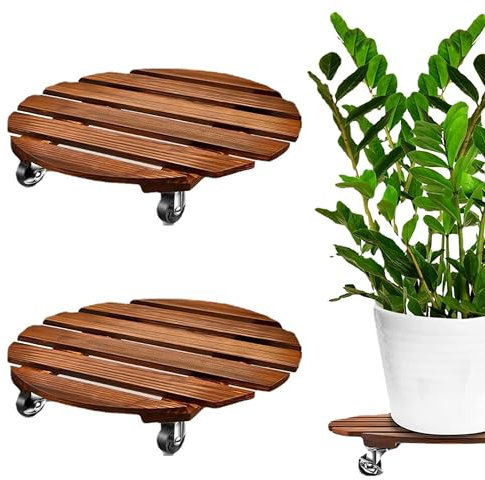 Puedno Paquete de 2 soportes de madera para plantas de 30 cm con ruedas, soporte redondo para plantas con ruedas giratorias de metal con bloqueo, carrito de madera resistente para macetas
