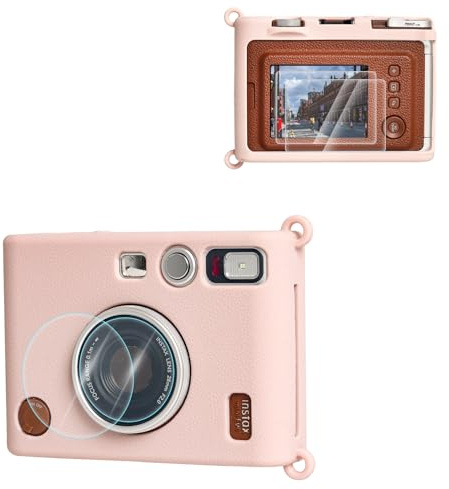 VOVMOEYA Silikonhülle & 2 Displayschutzfolien aus gehärtetem Glas & 2 PET-Objektiv-Flims für Fujifilm Instax Mini Evo, Zubehör für Fuji Instax Mini Evo