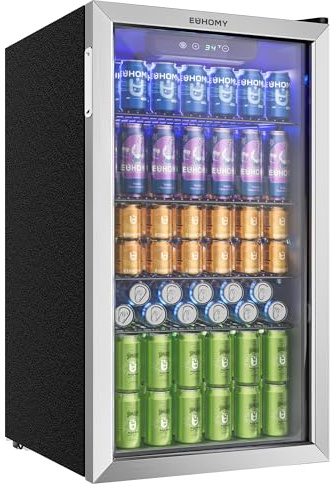 EUHOMY 90L Drinks Fridge, 126 Can Beer Fridge with Glass Door, Wine fridge with Adjustable Shelves for Soda Beer or Wine, Home/Bar/Office, Silver, Steel, One-Touch Control [Energy Class F]