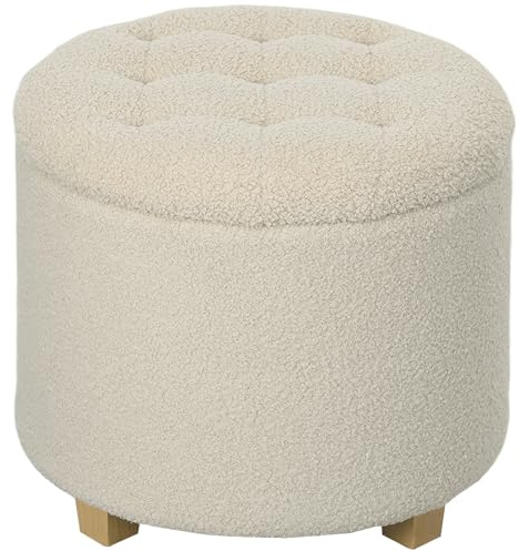HOMCOM 45cm Round Storage Ottoman, Teddy Fleece Footstool with Removable Lid and Wood Legs, Button Tufted Vanity Stool for Living Room Bedroom Hallway, Cream White