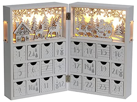PE Christmas Wooden Advent Calendar Book with Drawers and LED, Reusable Christmas Countdown Wooden Advent Calendar with Village Forest Reindeer Scene (White&Gold)