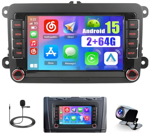 [2+64GB] Hikity Android 15 Autoradio för VW Golf 5 Golf 6 Skoda Polo Passat Tiguan Touran med Carplay Android Auto Mirrorlink, 7 Tum Kapacitiv Pekskärm med WiFi GPS Navi FM Bluetooth | Trådlös Carplay Android Auto 7 tum pekskärm Bluetooth GPS FM RDS EQ Canbus USB AHD Retrocamera