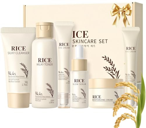 6PCS Rice Skin Care Sets, Korean Glass Skin Kit, Skincare Gifts for Teenage, Pamper Gifts for Women, Rice Toner, Cleanser, Sunscreen SPF 50+, Glow Serum, Face Cream, Eye Cream, Hydrating, Even Tone