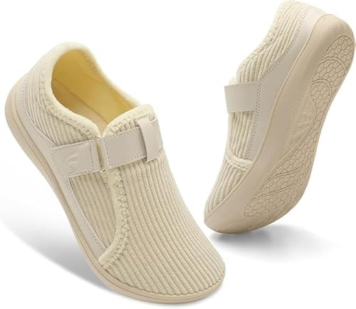 JIASUQI Wide Womens Slippers Adjustable House Shoes Indoor Outdoor Swollen Edema Diabetic Shoes Barefoot Slippers Cozy Walking Shoe(Beigewhite 39,Size 5)