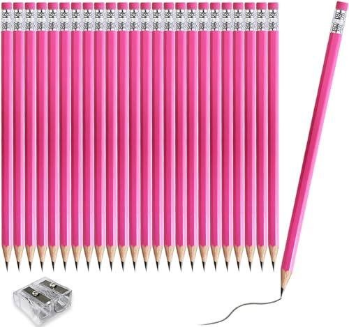 Adhere Lápices de madera 2B preafilados con borrador, paquete de 25 con sacapuntas gratis, ideal para el hogar, la oficina o la escritura en el aula (rosa)