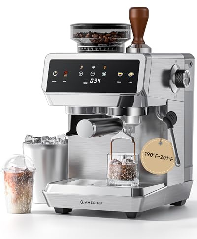 AMZCHEF Espresso Machine With Grinder, 44 Grind Settings 20 Bar Coffee Machine with Milk Frother, Touch Screen, Cold Brew, Sliver