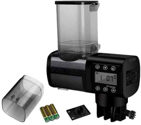 Automatisk fiskmatare för akvarium, 250 ml automat för fiskmat, justerbar tidsmatning, dubbel montering, visuell indikator, batterier ingår, för pelletsmat upp till 3 mm