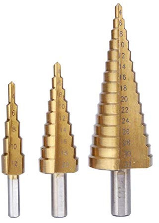 Kit 3 Punte Coniche, Fresa Conica Trapano a Gradini, HSS Titanium, Misure 4-12/4-20/4-32, Buco Cutter a Scalini per Eseguire Foro In Metallo Acciaio Ottone Legno Plastica Ferro.EN-221206