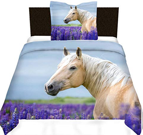 Loussiesd Boys Bedding Sets for Kids Teens Girls Youth Horse Print Duvet Cover Steed Lavender Print Bed Cover Wild Animal Bedspread Cover Decorative Wildlife Purple Floral Comforter Cover Single