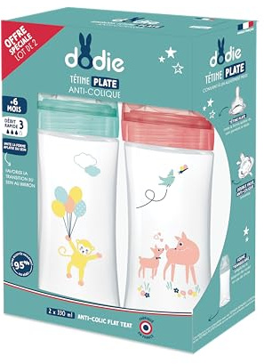 Dodie Confezione da 2 Biberon Anticolica Sensation+ (2 X 330 Ml), Tettarella Piatta, Flusso Medio grande, senza BPA, dai 6 mesi, Verde e Rosa Aria