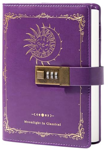 TIEFOSSI Constellation Leather Journal with Lock, Zodiac Moon Sun Diary for Writing, B6 Notebook with Lined Paper for Women & Men (Purple)