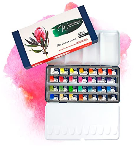 7 Artists Botanische Aquarellfarben Rosa Gallery Set 28 x Näpfchen Lebendige Farben, Hochwertige Künstler-Aquarell im Mehrzweck-Metallkasten mit Mischpalette, Künstler Aquarellkasten