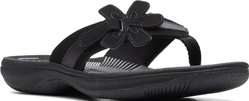Clarks Womens Breeze Sea Flip-Flop Sandals - Comfortable Flip Flop with Adjustable Hook and Arch Support - Casual Summer Wearing Cloudsteppers for Everyday, Flora Black/Black, 2.5 UK