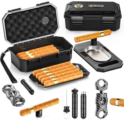 Travel Humidor Box Kit with Cigar Accessories - Cutter, Ashtray, Enhancer, 2 Holders, Humidifier & Hygrometer, Portable Case for Men Gift