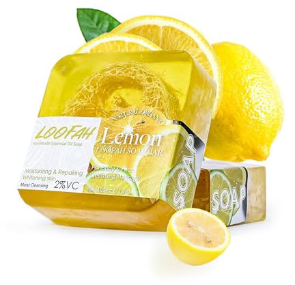 Shefave Zitrone Seif Naturseife mit Luffa Schwamm, Natürlich Biologisch Feste Seife Stück, Lemon Bar Soap, Handgemacht Seifen für für Gesicht und Körper Baden Duschen Wasche, Handseife, 100g