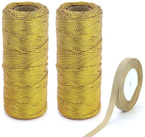 2 rotoli di cordoncino dorato da 1,5 mm, 200 m, corda dorata, cordoncino regalo, nastro dorato per lavori manuali, fai da te, Natale, decorazione, confezione regalo