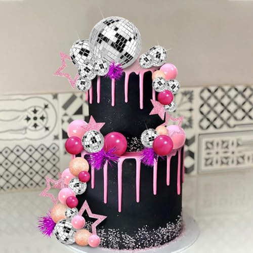 Palline Decorative per Torte Discoteca 40 Pezzi Mirrorball Decorazioni Torta Compleanno Topper Torte Rosa per Bambina Donna Decori Cake Topper