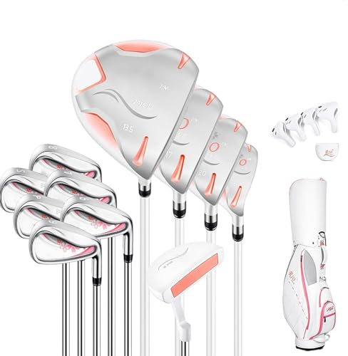 KLYDBMYT Paquete Completo de Palos de Golf para Damas, 11 Piezas, Incluye Driver de Golf de Titanio, Maderas de Calle n.° 3 y n.° 5, 4 híbridos, hierros 6-9ps, Putter y Bolsa de Golf para Damas