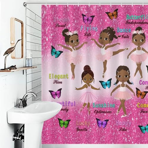 Ballerina Shower Curtain,African America Black Girl Butterfly Pink Glitter Print for Bathroom Bathtubs Curtains Cloth Fabric Home Decor with Hooks Set,66x72Inch