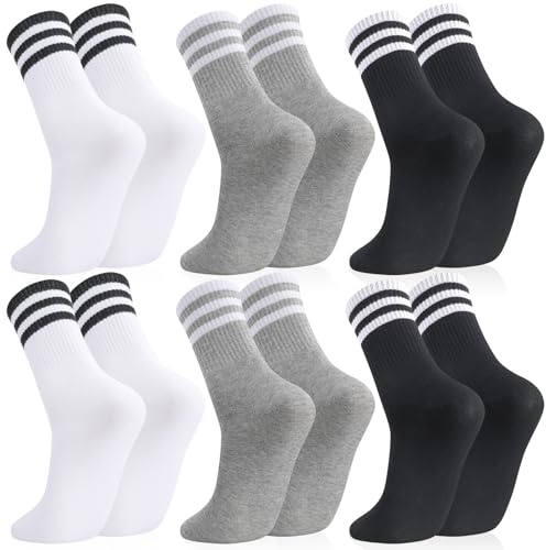 Zuimei 6 Pairs Striped Crew Socks Multipack, Cotton Sports Running Socks for Men Women, Breathable Athletic Black White Grey Socks for Work School Casual Walking