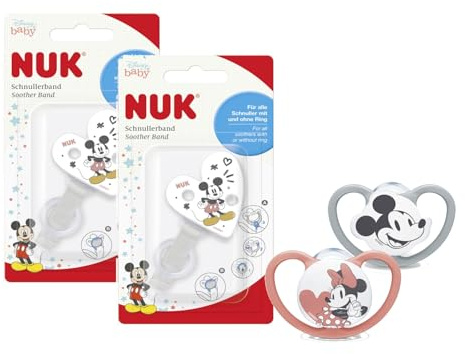 NUK Space Schnuller Disney Mickey Gr. 1 (0–6 Monate) + 2x Saugerband – Silikon-Schnuller Set mit extra Luftdurchlässigkeit – BPA-frei