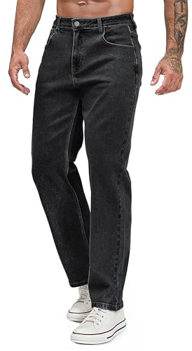 Ushdele Men's Regular Fit Stretch Jeans Straight Leg 5-Pocket Classic Comfort Flex Denim Pants Black 38W32L