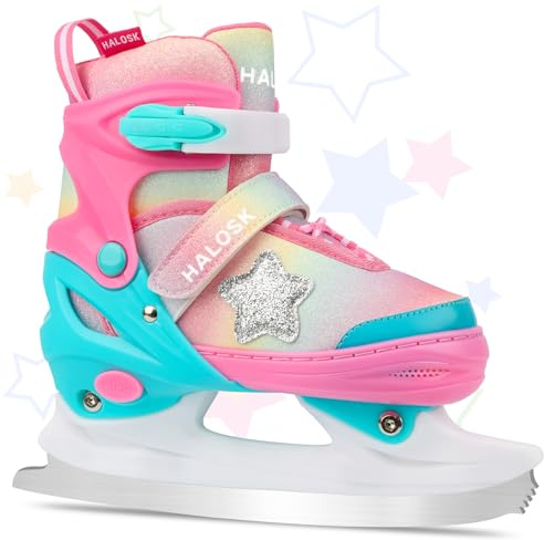 HALOSK Girls Ice Skates for Kids Boys, Adjustable Kids Skates for Outdoor Indoor Rink, Rainbow Soft and Comfortable Lining Ice Skating Shoes Ages 3-12 Youth