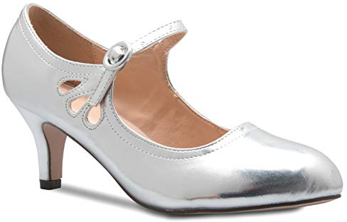 Olivia K Mary Jane Pumps für Damen, Kätzchen, niedriger Absatz, runde Zehenpartie, bezaubernde Vintage-Retro-Schuhe, einzigartiges Design mit seitlichen Ausschnitten, Hellsilberfarbenes PU, 40.5 EU