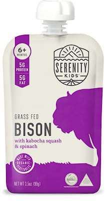 Serenity Kids 6+ Months Baby Food Pouches Puree Made With Ethically Sourced Meats & Organic Veggies | 3.5 Ounce BPA-Free Pouch | Grass Fed Bison, Kabocha Squash, Spinach | 1 Count