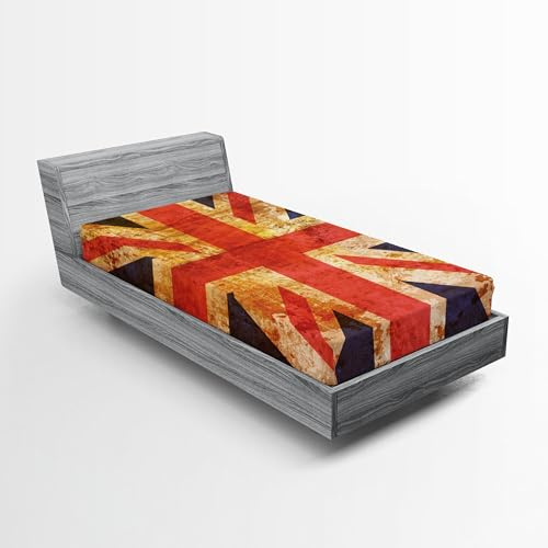 ABAKUHAUS England Spannbetttuch, Union Jack Motiv Grunge, Soft Dekorativer Stoff Bettwäsche Rund-um Elastischer Gummizug, 140 cm x 200 cm,Night Blue Vermilion