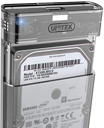 UNITEK Alloggiamento per disco rigido esterno da 2,5 HDD/SSD SATA I/II/III, con cavo 3.0 integrato, montaggio senza attrezzi, trasparente
