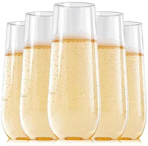 FOCUSLINE 24 Pack 9 Oz Clear Plastic Champagne Flutes, Stemless Plastic Champagne Glasses Clear, Heavy Duty Toasting Glasses, Shatterproof and Disposable Cups Perfect For Any Party