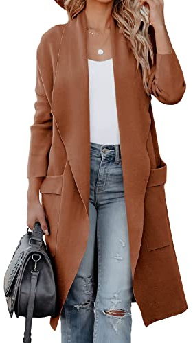 kinstell Women's Casual Long Sleeve Open Front Knit Draped Long Cardigan Jackets Sweater Coat Blazer with Pockets Coffee