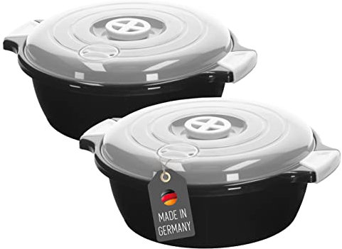 Lantelme Lot de 2 bols micro-ondes 1,8 l avec valve vapeur fabriqué en Allemagne - Empilable - Passe au lave-vaisselle - Bol plastique pour micro-ondes (Noir)