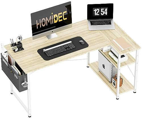 L Shaped Desk with Bookshelf Reversible and Storage Bag, White Oak 120×70cm | Corner Computer Table, Ergonomic Gamer Workstation & Home Office Study Desk, Large Desktop