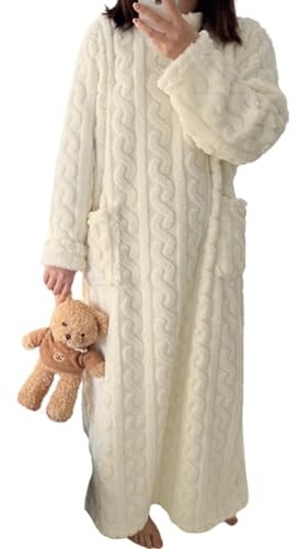 PONNYC Vêtements d'intérieur en Velours Corail d'hiver, Pyjama Chaud en Flanelle épaisse pour Femme, Robe de Chambre Extra Longue pour Femme (White,M:115CM)