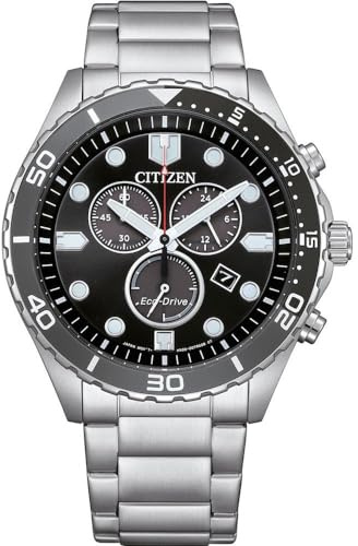 Citizen Reloj cronógrafo Solar AT2568-82E para Hombre, Acero Inoxidable, Redondo, Esfera Negra, 43 mm de diámetro, Resistente al Agua hasta 100 m, Funciona con energía Solar, Plata, Pulsera