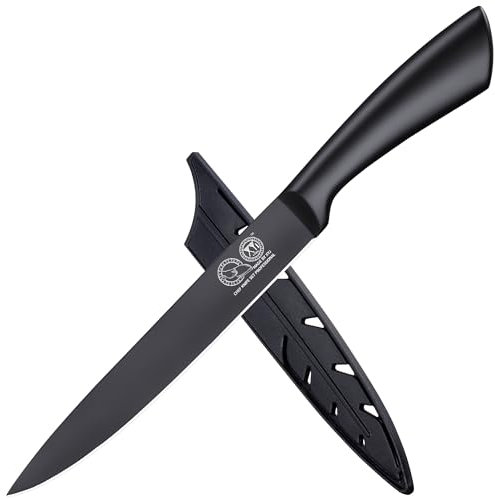 XYJ Kitchen Knife,8 Inch Black Stainless Steel Brisket Knife,Professional Chef Knife,Carving Boning Meat Cleaver BBQ Knife with Ergonomic Handle,Plastic Sheath