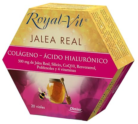 Dielisa, Royal Vit, Jalea Real Colágeno, Ácido Hialurónico, Complemento Alimenticio con 500mg de Jalea Real, Colágeno, Ácido Hialurónico, Silicio, CoQ10, Resveratrol y Polifenoles, 20 viales