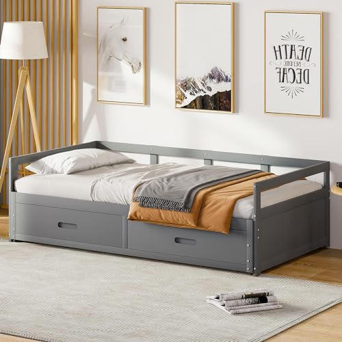 REXO Sofá cama extensible 90/180 × 200 cm con cajones y somieres, cama de pino con espacio de almacenamiento (gris)
