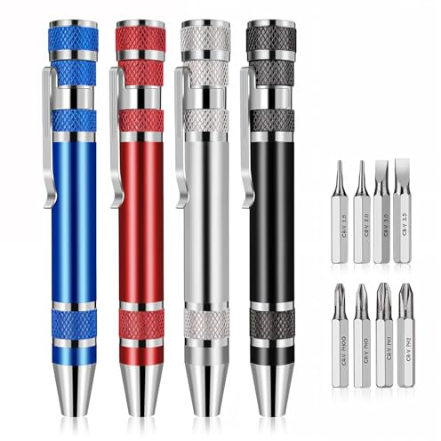 4 Pezzi 8 in 1 Multiutensile Penna Cacciavite, Set Mini Cacciavite Compatti in Quattro Colori, Pratico Set di Cacciaviti Magnetici per Croce e Testa Piatta, per Riparazioni e Installazioni, Utensile